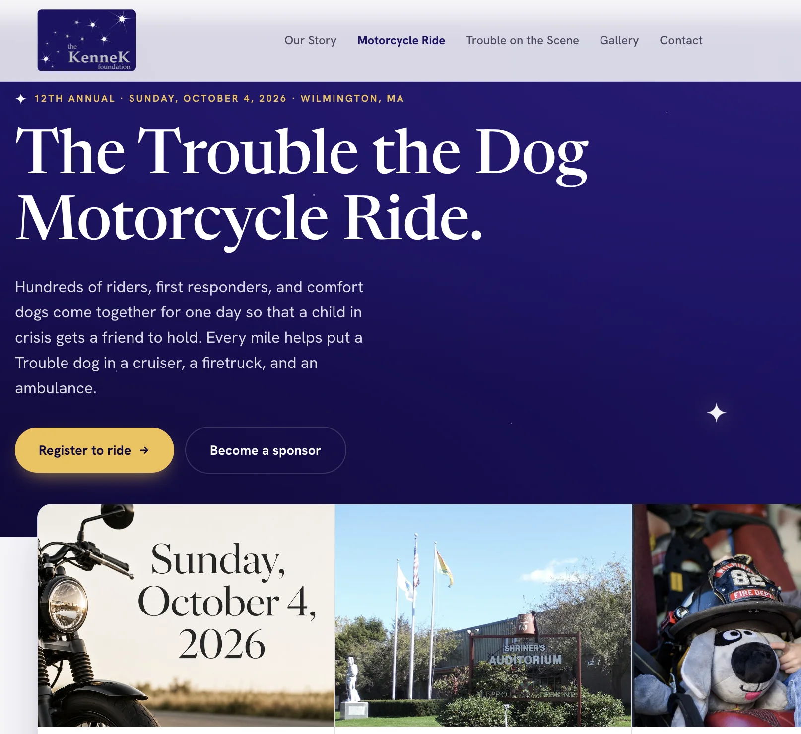 The rebuilt Motorcycle Ride page: a deep purple banner with the date line 12th Annual, Sunday, October 4, 2026, Wilmington, MA, the serif headline The Trouble the Dog Motorcycle Ride, a short description, Register to ride and Become a sponsor buttons, and photos of a motorcycle and the event venue.
