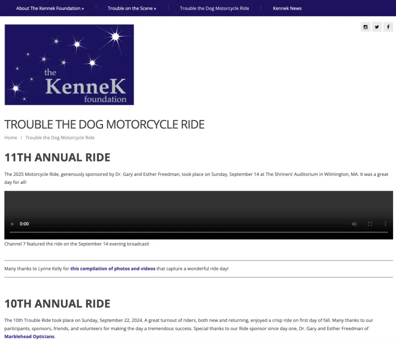 The previous Motorcycle Ride page: a purple menu bar, a large logo image, the heading Trouble the Dog Motorcycle Ride in grey capitals, a section titled 11th Annual Ride with a paragraph, an empty video player, and a 10th Annual Ride section below.