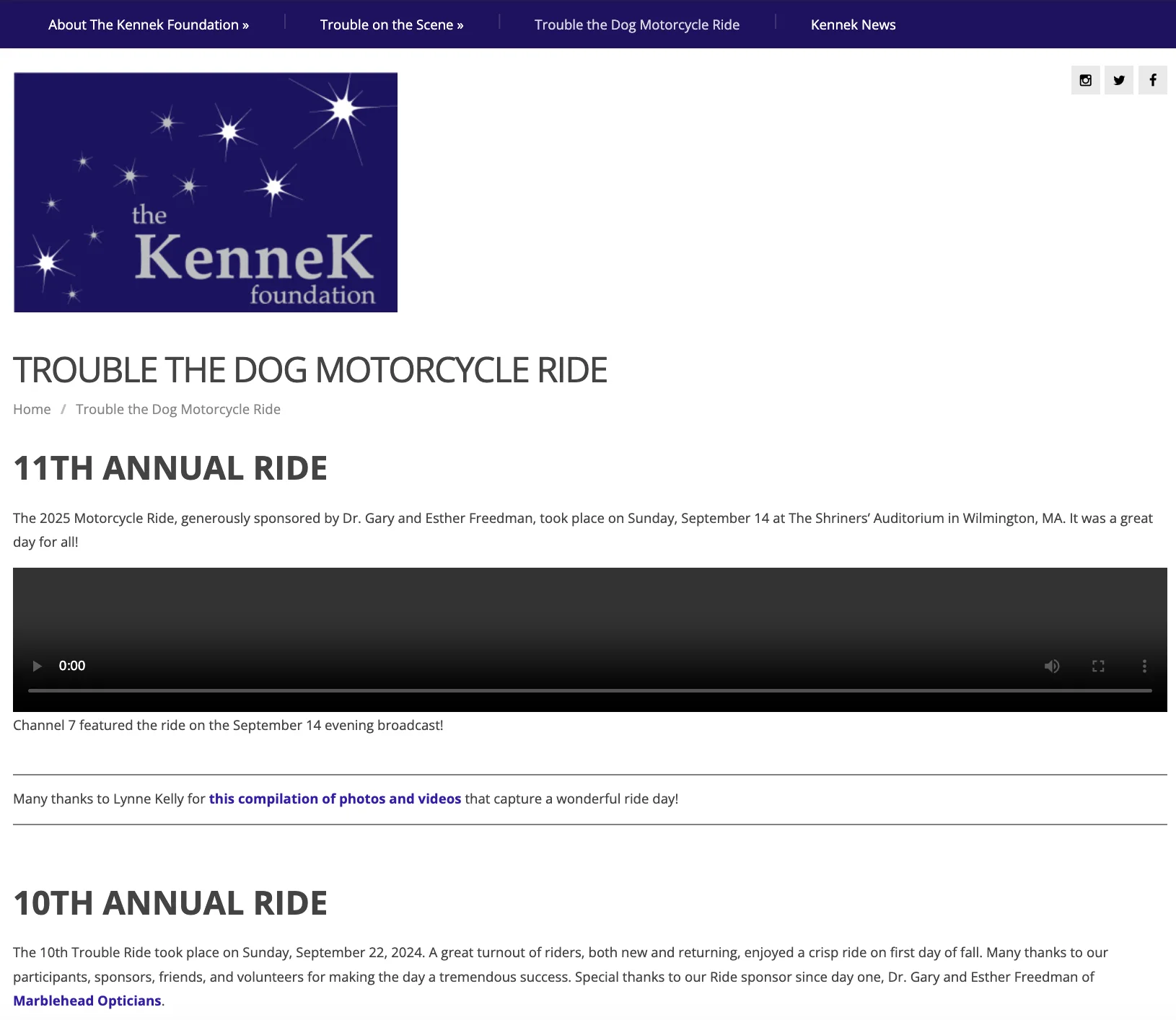 The previous Motorcycle Ride page: a purple menu bar, a large logo image, the heading Trouble the Dog Motorcycle Ride in grey capitals, a section titled 11th Annual Ride with a paragraph, an empty video player, and a 10th Annual Ride section below.